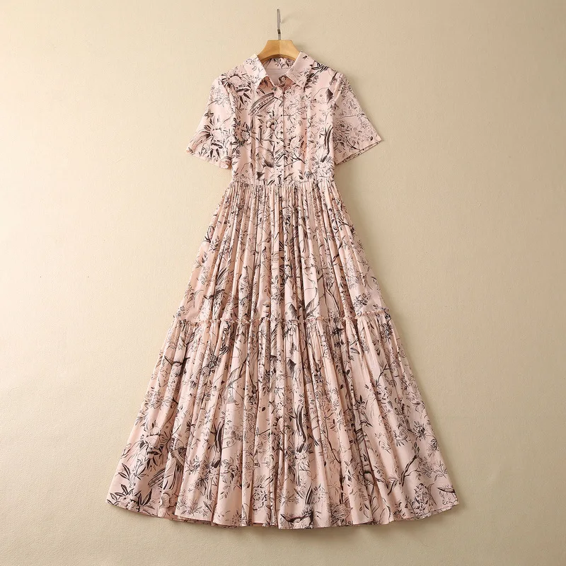 

Женская одежда в европейском и американском стиле на зиму 2022, модное розовое Плиссированное Хлопковое платье с коротким рукавом, отложным воротником и принтом
