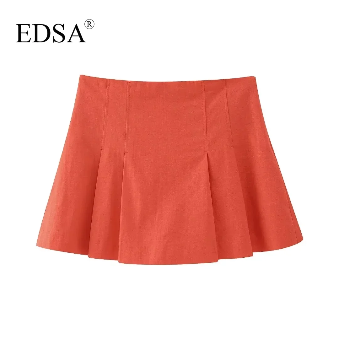 

EDSA Women Fashion Coral Linen Blend Box Pleat Skort 2023 Summer High Waist Shorts Skirt Invisible Side Zip for Casual Girls