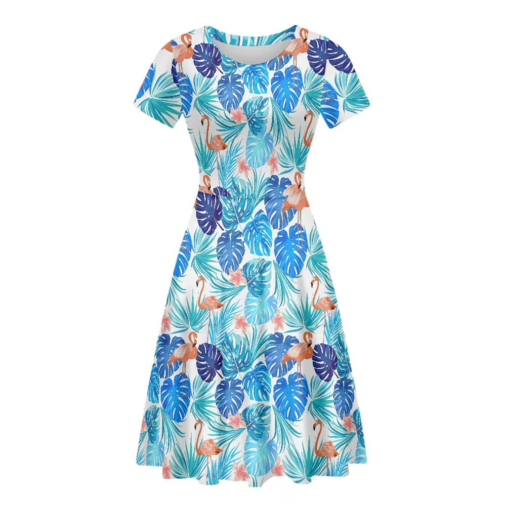 

New Arrival Custom O-Neck Casual Women Short Sleeve Ruffle Tunic Dress Summer Flamingos Casual Hawaiian Design Clothing POD