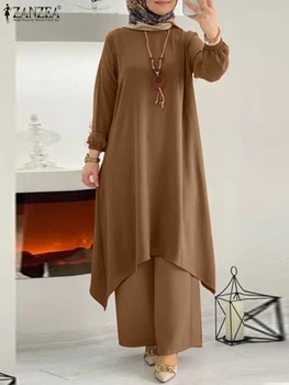 Autumn Muslim Sets 2PCS Causal Long Sleeve Blouse Pants Abayas For Women Turkey Kaftan ZANZEA Fashion Tracksuit Islamic Clothing 2