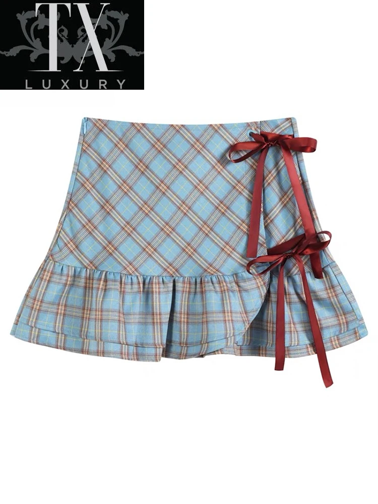 

Y2K s Women Harajuku Sweet Bow Plaid Lace Up Mini Female Summer New Streetwear Sexy Fashion Cutey Fishtail Skirt Lady