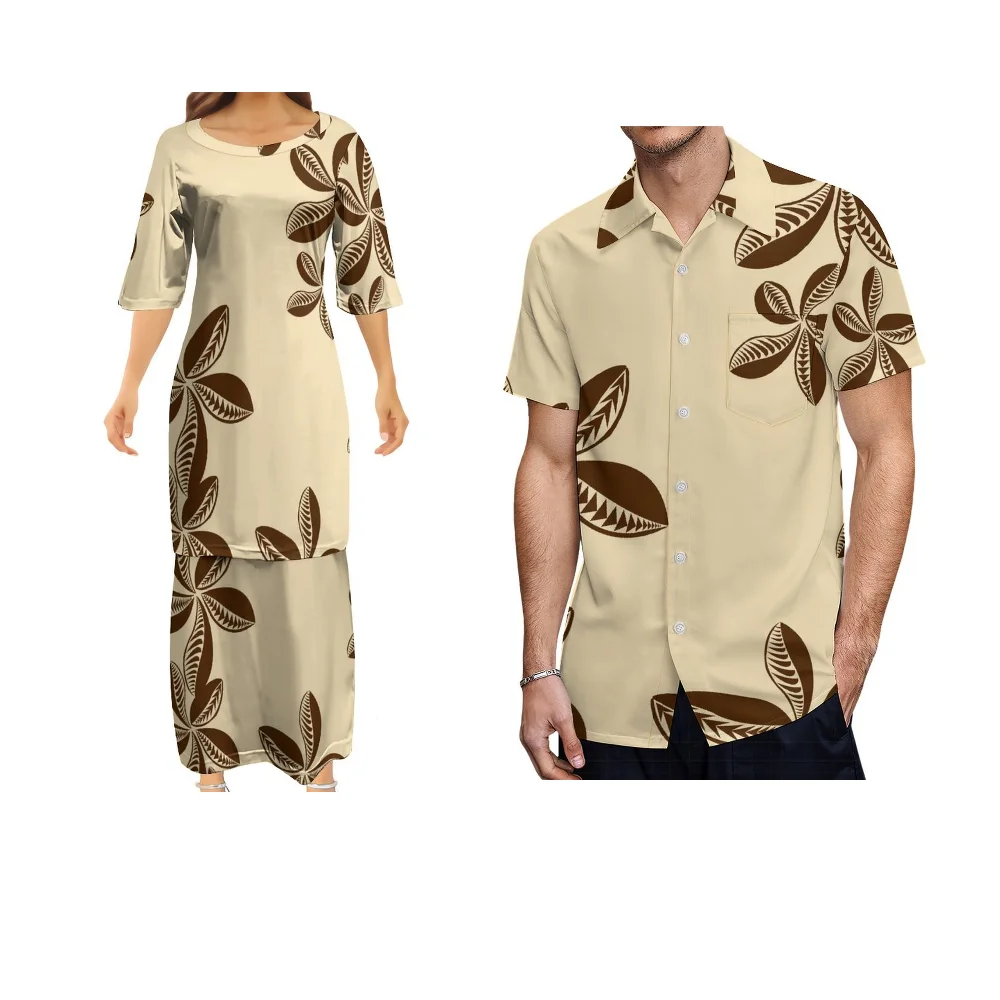 Fiji Samoa-Style Island Couple Set Summer Short Sleeve Dress Custom Polynesian Print Puletasi Long Skirt Men'S Shirt