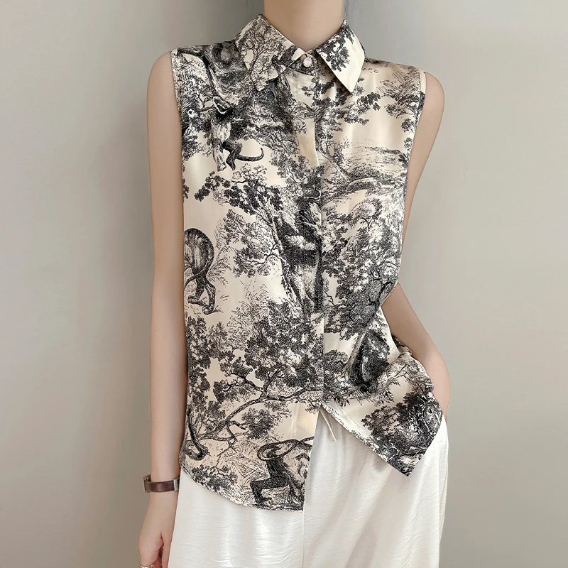 Новая атласная рубашка-поло без рукавов жилет и футболка с чернильным принтом