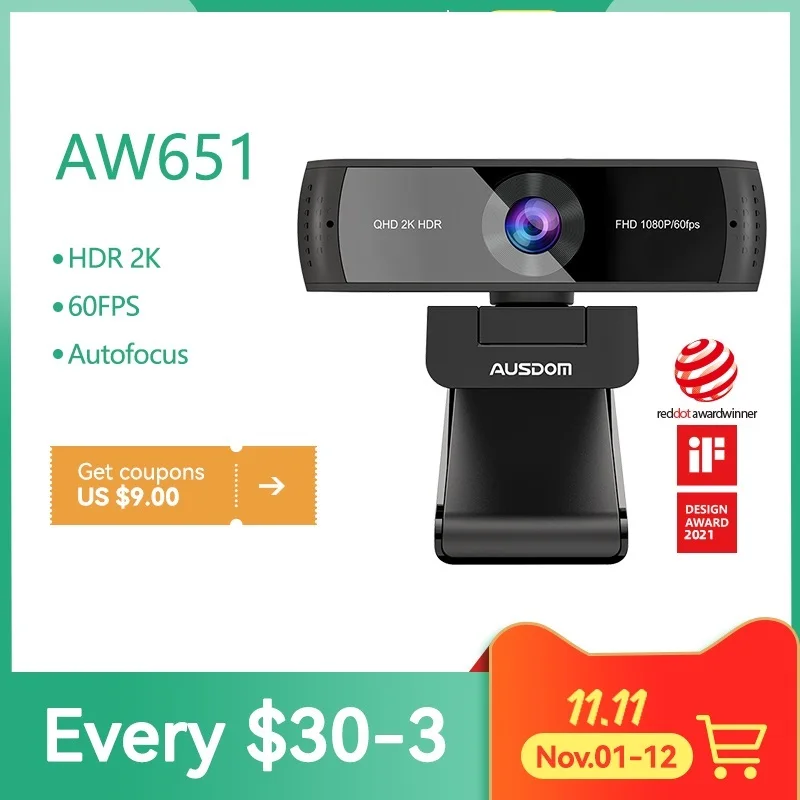 

new AW651 QHD 2K HDR 30FPS Webcam Autofocus 1080P 60FPS Web Camera With Noise-cancelling Mics and Free Privacy Cover for Live