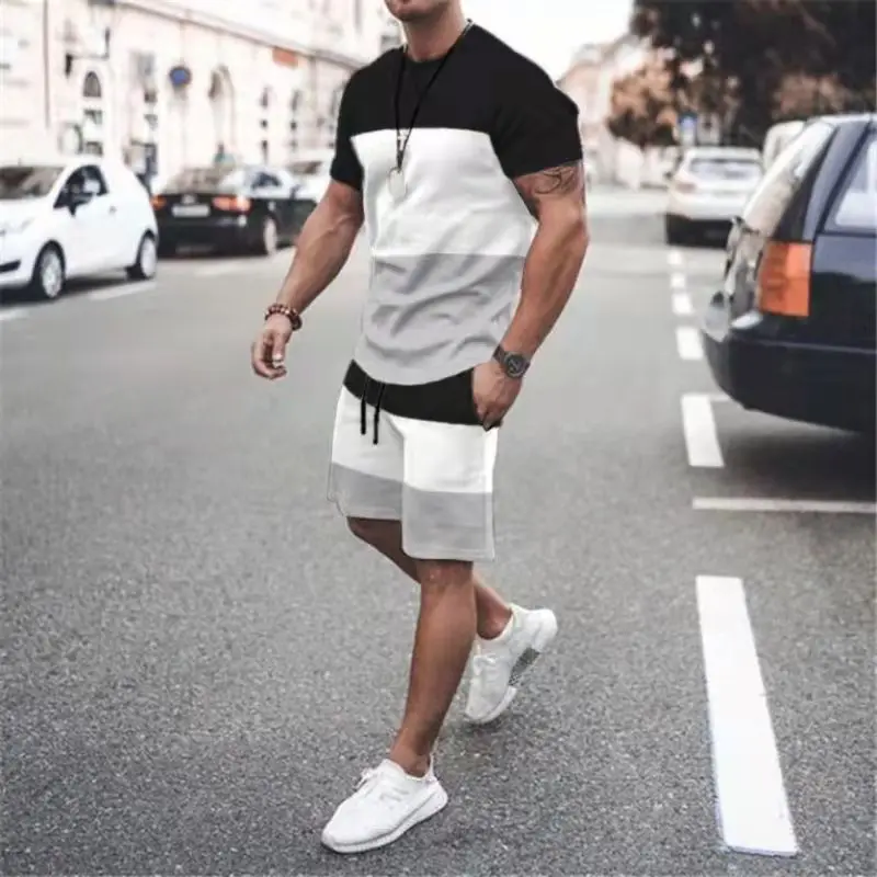 Male Set Solid 3D Print Suit O-neck Breathable Tshirt Shorts 2 Pieces Outfits Sportwear Causal Men's Tracksuit Clothes for Men