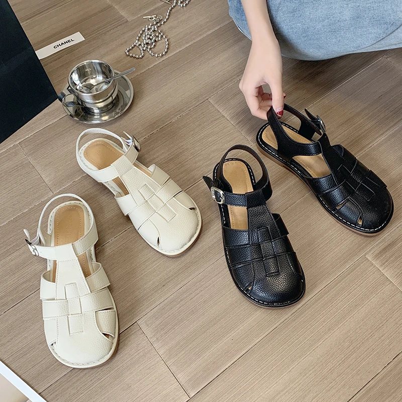 

Flat Sandal Shoe Soft 2022 Women's Suit Female Beige Summer Heels Without Low Comfort Fashion New Black Girls Retro Gladiator