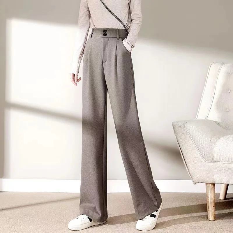 

Korean Winter Wool Pants Women Office Lady Casual Wide-leg Black Straight Pants Elegant Ladies Trousers Pantalon Femme New 24321