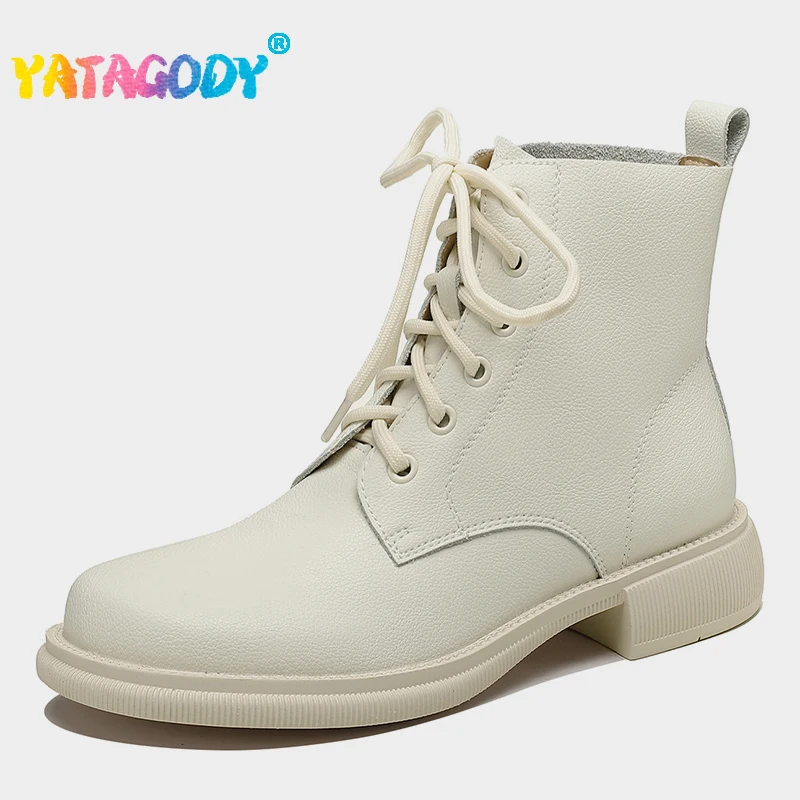 

YATAGODY Classic Ankle Boots For Women Genuine Leather Lace Up Flat Work Shoes Sewing Office Lady Winter Warm Boots Street Style