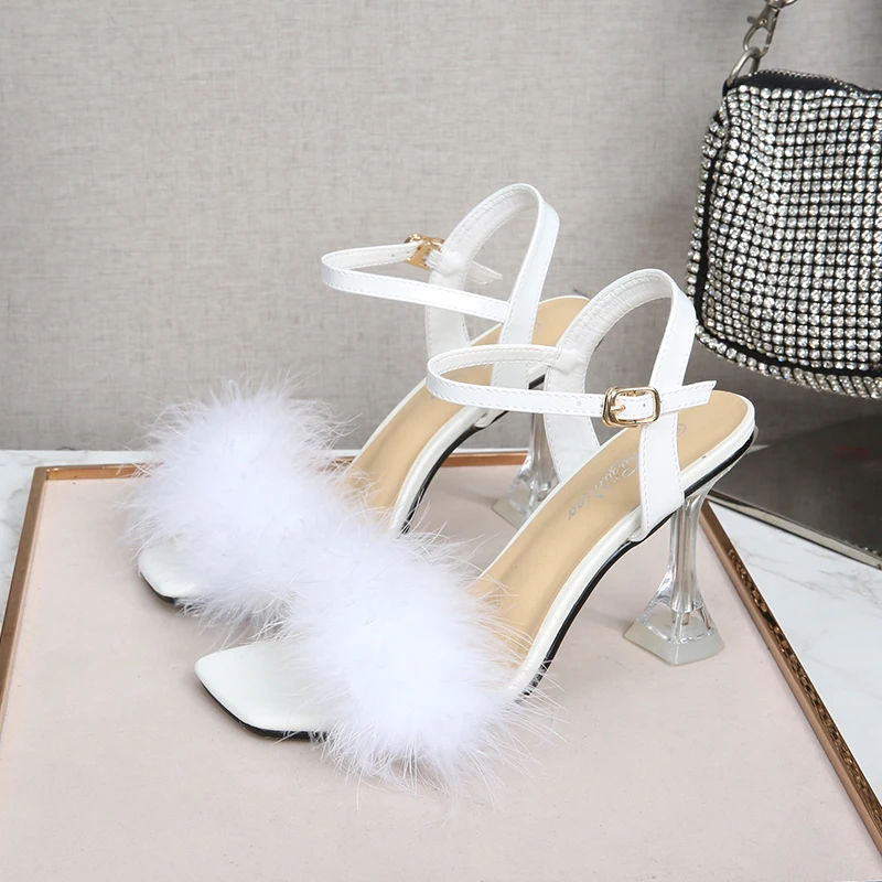 

Feather Furry High Heels Peep-Toe Crystal Heel 9cm Pumps Square Toe Party Summer Women's Sandals Interest Ankle Plush Sandals