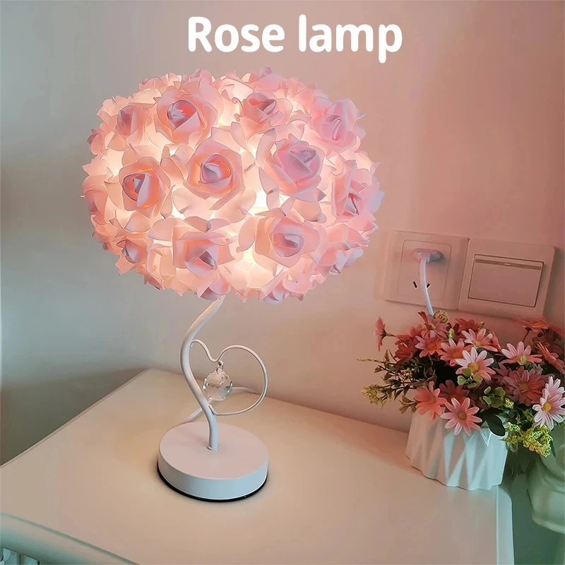 

New Rose Table Lamp Pastoral Style Heart Crystal Bedside Lamps For Bedroom Room Decor Girls Gifts Decorative Nightlight