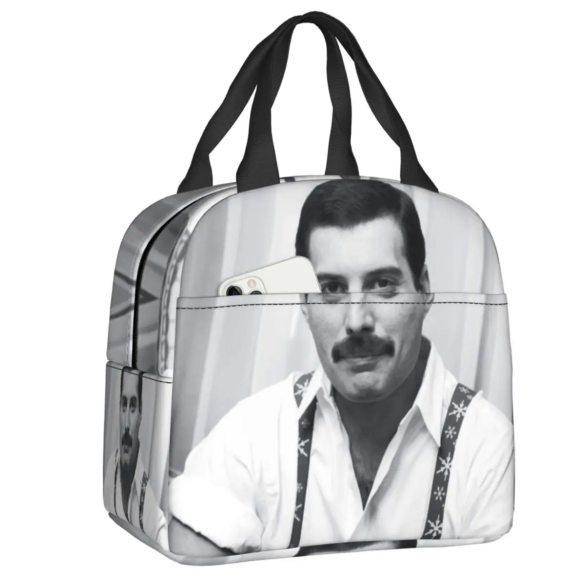 

Freddie Mercury Insulated Lunch Tote Bag for Women Portable Thermal Cooler Rock Band Queen Bento Box Outdoor Camping Travel