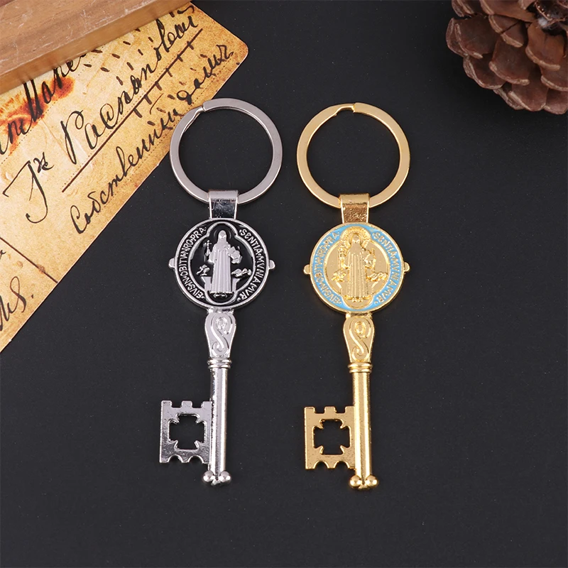 

Religious Handmade San Benito Keychain For Men Women Dripping Oil St Benedict Key Shape Chain Accessories
