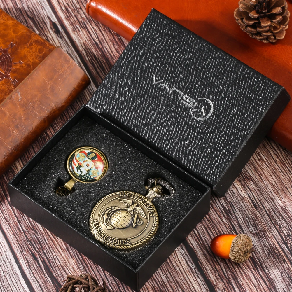 Retro Quartz Pocket Watch U.S. Veterans Memorial Collection Gifts Set for Men Bronze Pedent Necklace Pocket Watch Fob Chain