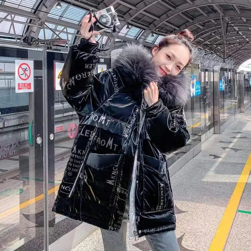 Parkas Women 2022 Winter New Down Padded Jacket Korean Loose Fashion Slim Down Cotton Coat Fur Collar Thick Warm Print Outerwear