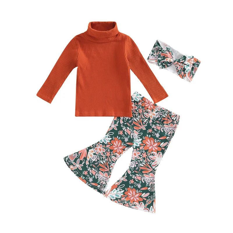 

Infant Girl Long Sleeve Tops + Flared Pants + Bow Headband Outfit 0-24 Month Floral Print Elastic Waist Autumn Spring Clothing