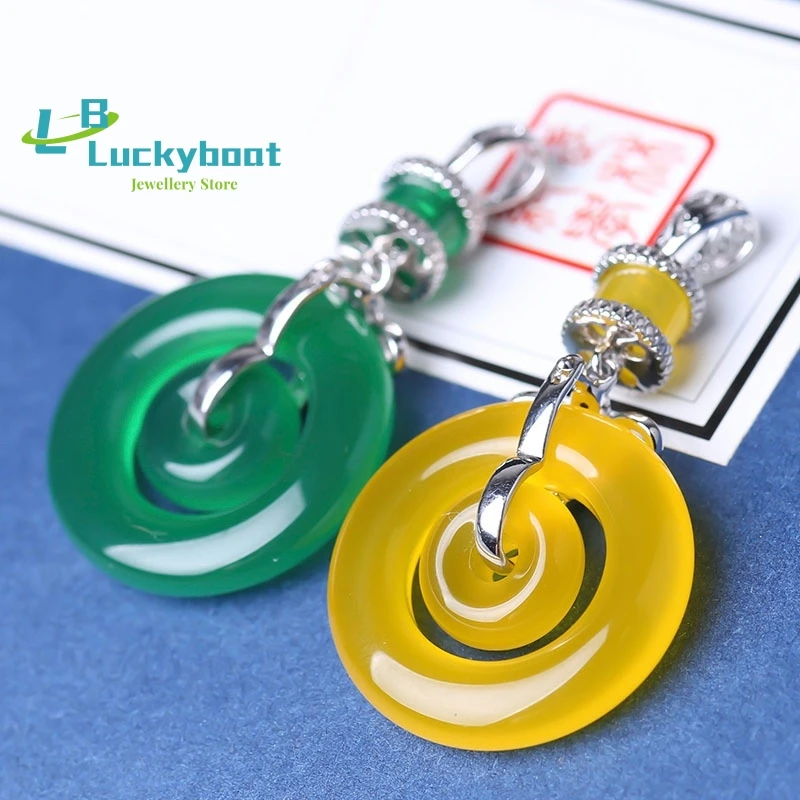 

Natural green chalcedony 925 silver safe buckle pendant yellow chalcedony jewelry couple gift