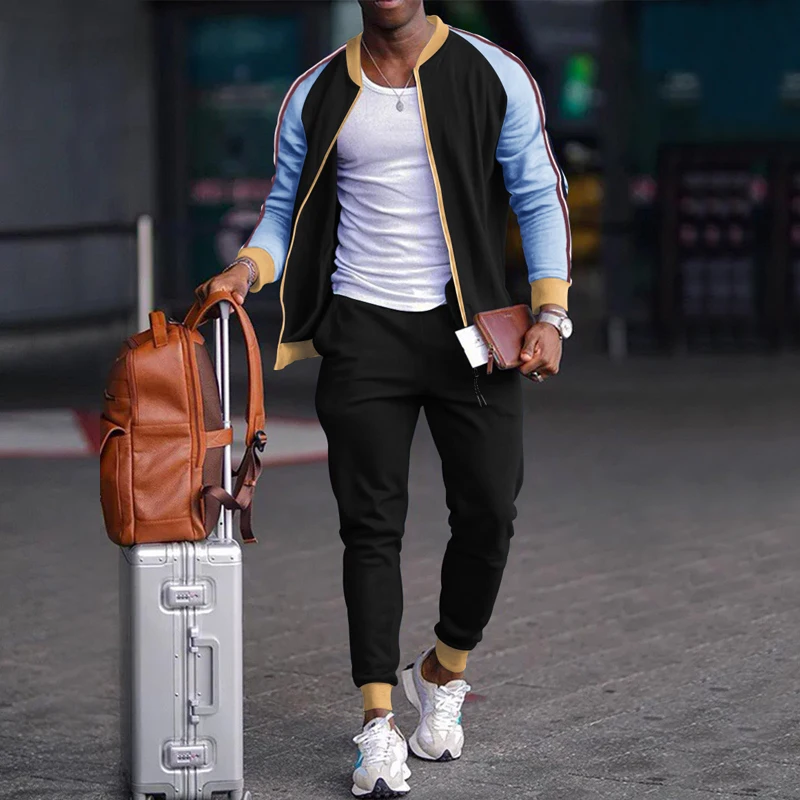 New Youth Fashion Stand Collar Zipper Cardigan Men's Retro Color Matching Casual Sports Premium Suit