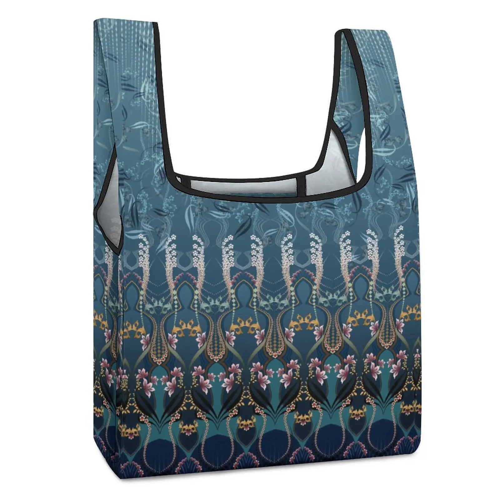 Customized Printed Large Shopping Bag Double Strap Handbag Dark Blue Ethnic Tote Foldable Food Bag Woman Handbag Custom Pattern