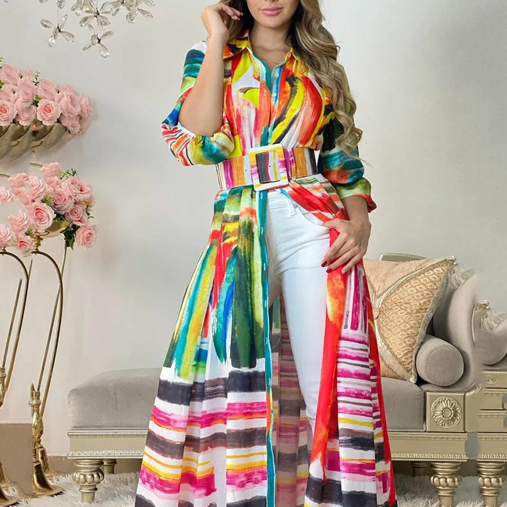 

Vintage Print Long Sleeve Shirt Dress Women 2022 Summer Fashion New Women's Clothing Color Loose Cardigan High Waist Slit Dress