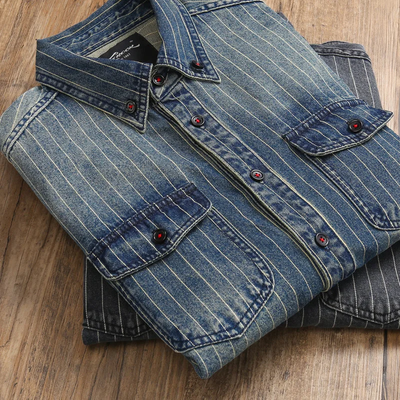 

Amekaji VIntage Denim Men Spring Autumn New Lapel Multi-pocket Blue Striped Long Sleeve Cargo Shirt Casual Cardigan Tops