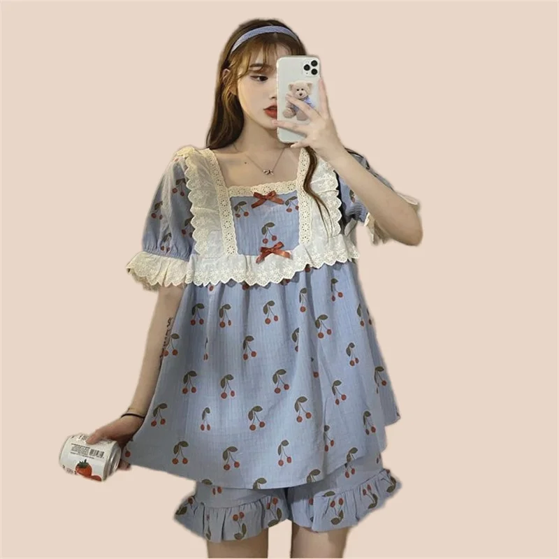 Sexy Pajamas Set Short Sleeve Shorts 2Piece/Set Summer Lace Bow Pyjama Big Size Mom Homewear Cozy Plus Sleepwear