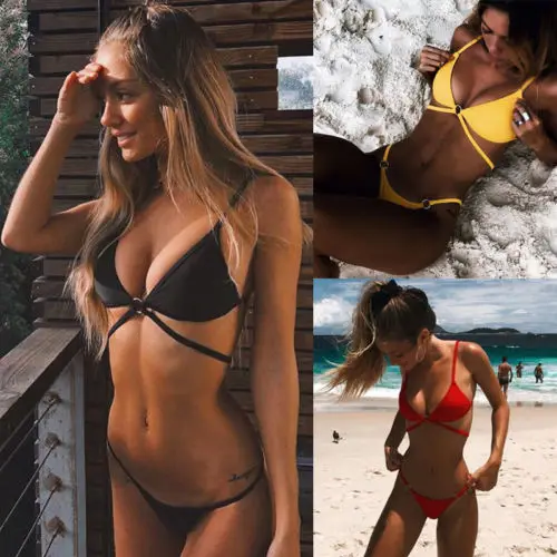 

Sexy Women Solid Triangle Bikini Set Swimwear Brazilian Bandage Push-Up Swimsuit Bathing Beachwear