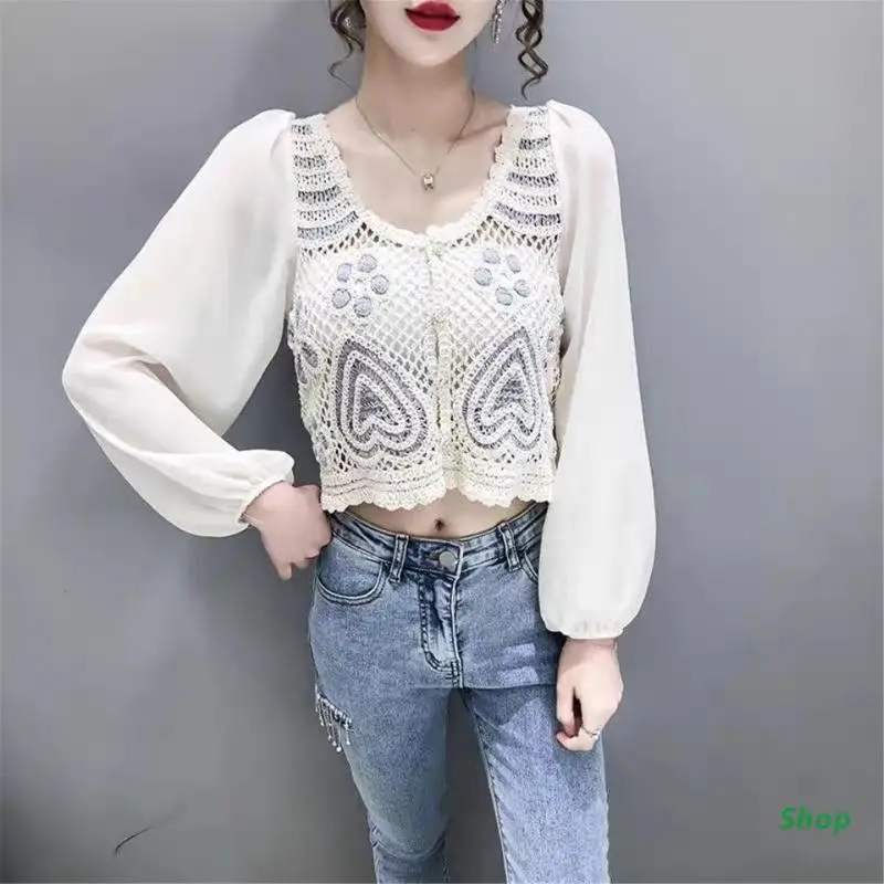 

L5YC Women's Patchwork Cardigan Tops Chic Long Sleeves Shirt Hollow Crochet Button Down Blouse Sweet Chiffon Tops for Daily