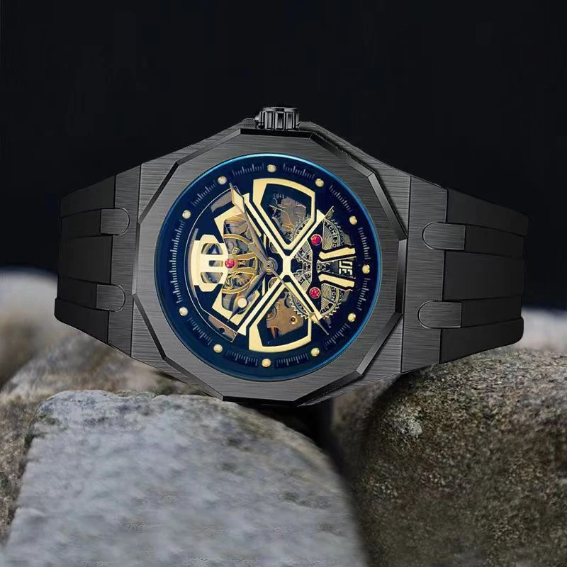 

PINTIME Men's Watches Luminous Waterproof Automatic Mechanical Wristwatch Skeleton Samurai Head Dial Silicone Strap Sports Reloj