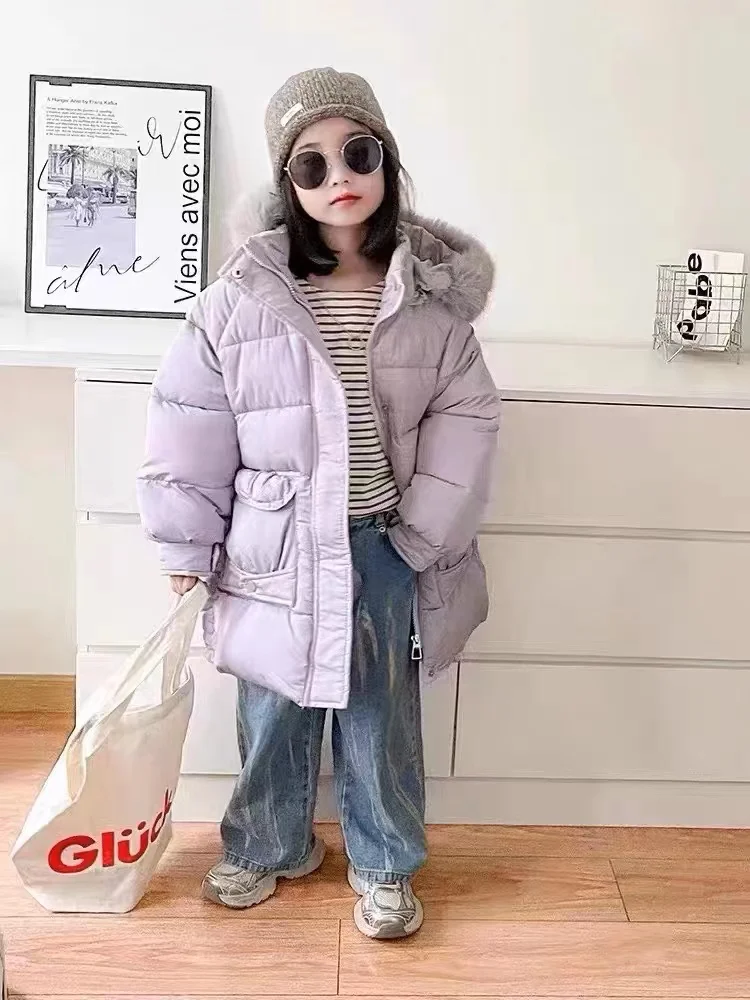 Płaszcz dziewczęcy duży wełniany kołnierz z kapturem puchowy bawełniany dziecięcy średniej długości ubrania nowy zagęszczony utrzymuj