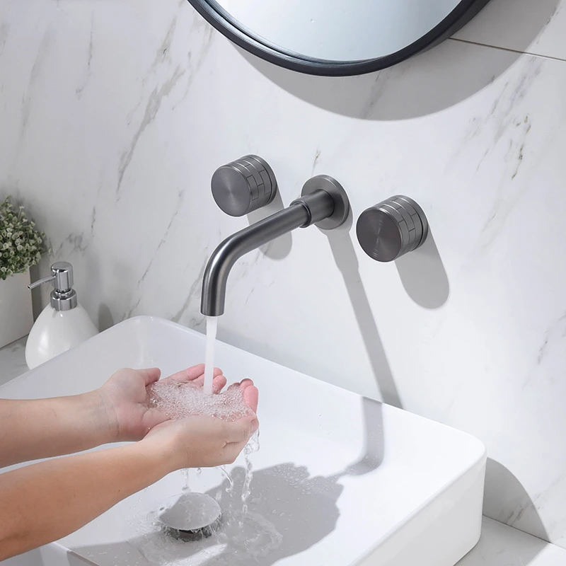 

Double handle concealed wall basin faucet gun gray embedded outlet cold and hot water single
