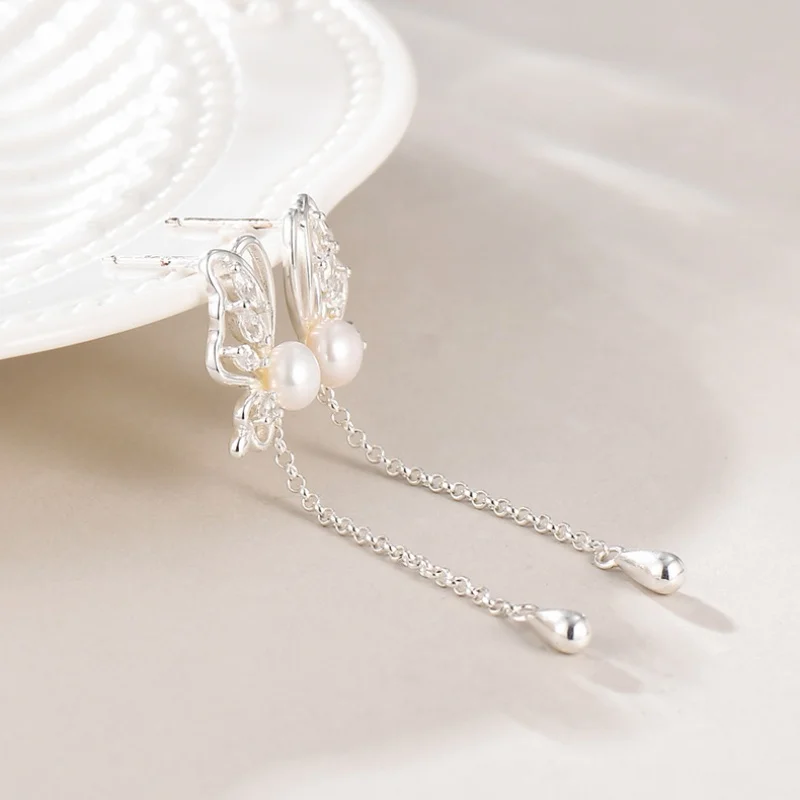 Женские серьги-гвоздики из серебра 925 пробы с длинными подвесками