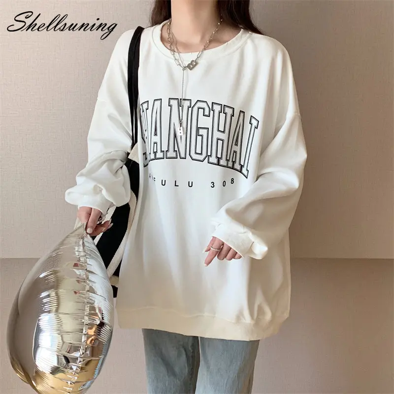 

Shellsuning Loose Vintage Letter-printed Hoodie Women Cotton Casual O-neck Pullover Sweatshirt Female Autumn Basic Clothing