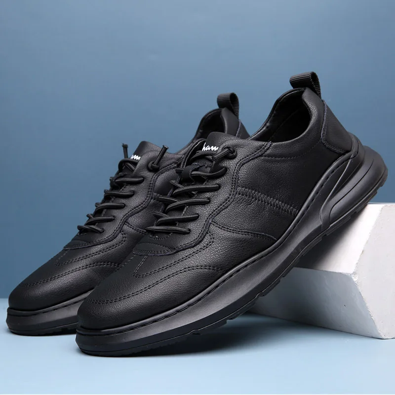 

Men's Leather Casual Shoes Black White Lace Up Leather Shoes Casual Sports Shoes Outdoor Man Shoes