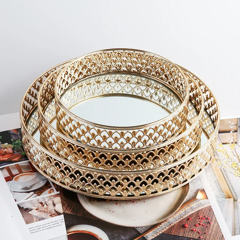 

Gold Hollow Mirror Storage Tray Metal Electroplating Fruit Cake Dessert Table Top Delicate Jewelry Cosmetic Tea Cup Storage Tray