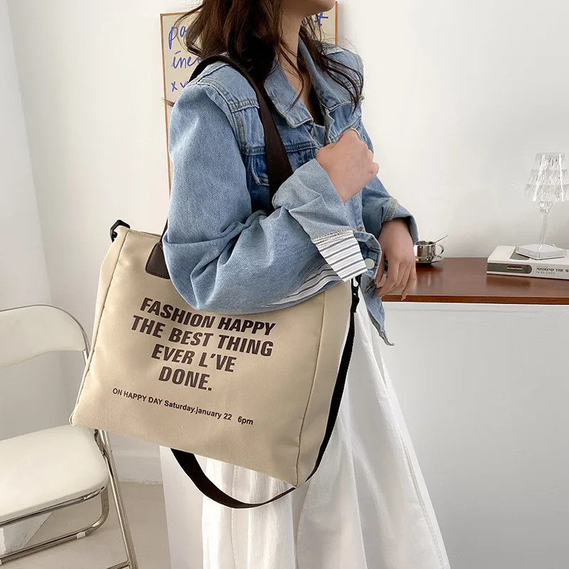 Fashion Canvas Handbag Tote Bags For Women School Work Letter Design Crossbody Bag Personal Shoulder Shopping Bag With Zipper