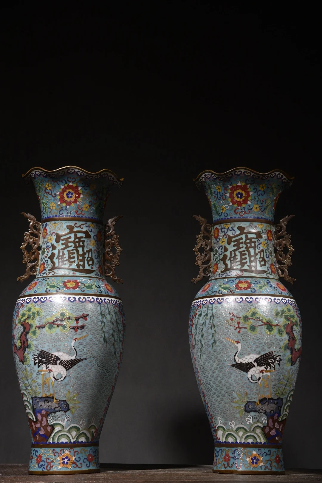 22Tibetan Temple Collection Old Bronze Cloisonne Red-crowned Crane Longevity vase Pot bottle A pair Amass wealth Town House