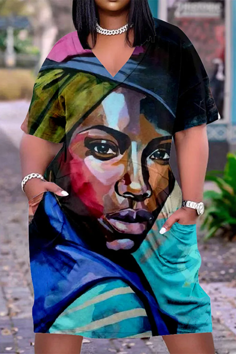 Женские платья до колена с карманами индийским 3D принтом V-образным вырезом -