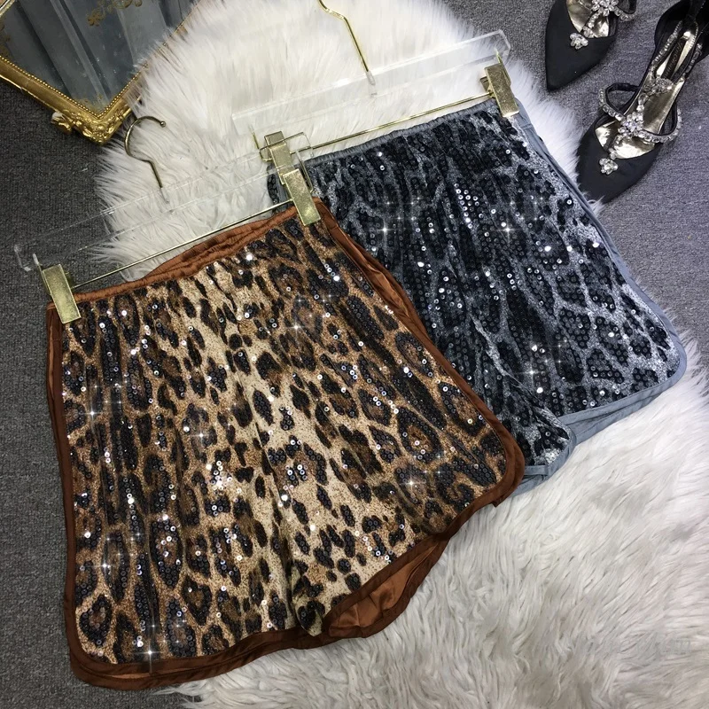 

Sequined Leopard Shorts for Women 2022 New Elastic Waist Large Size Lining Cool Street Short Femme