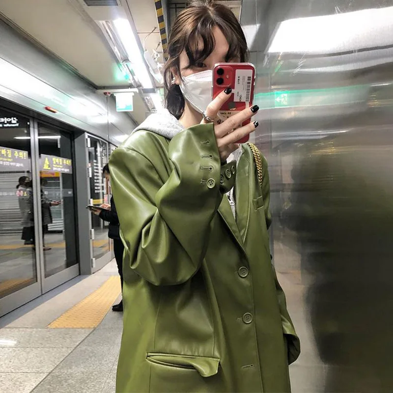 Korean Chic Autumn Winter Retro Fried Street Lapel Casual Loose Long-sleeved Neutral Style Handsome Leather Suit Jacket Women