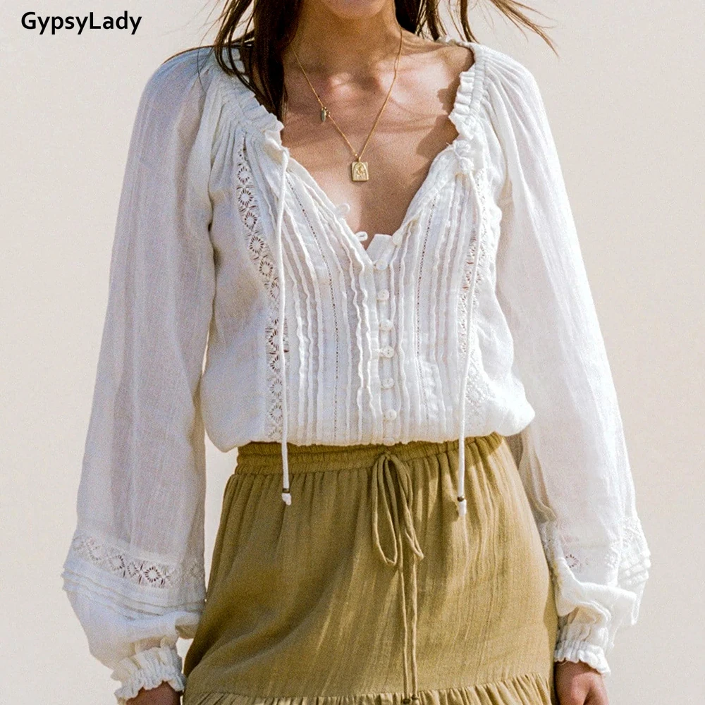 GypsyLady White Lace Vintage Blouse Shirt 100% Cotton Spring Long Lantern Sleeve V-neck Sheer Sexy Blouse Women Chic Top Shirt