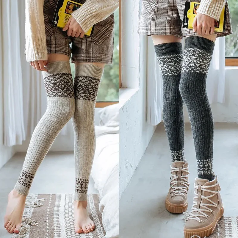 

Women Wool Leg Warmer Autumn Winter Over The Knee High Tube Socks Furry Warm Foot Socks Twist Knitted Warm Long Stockings