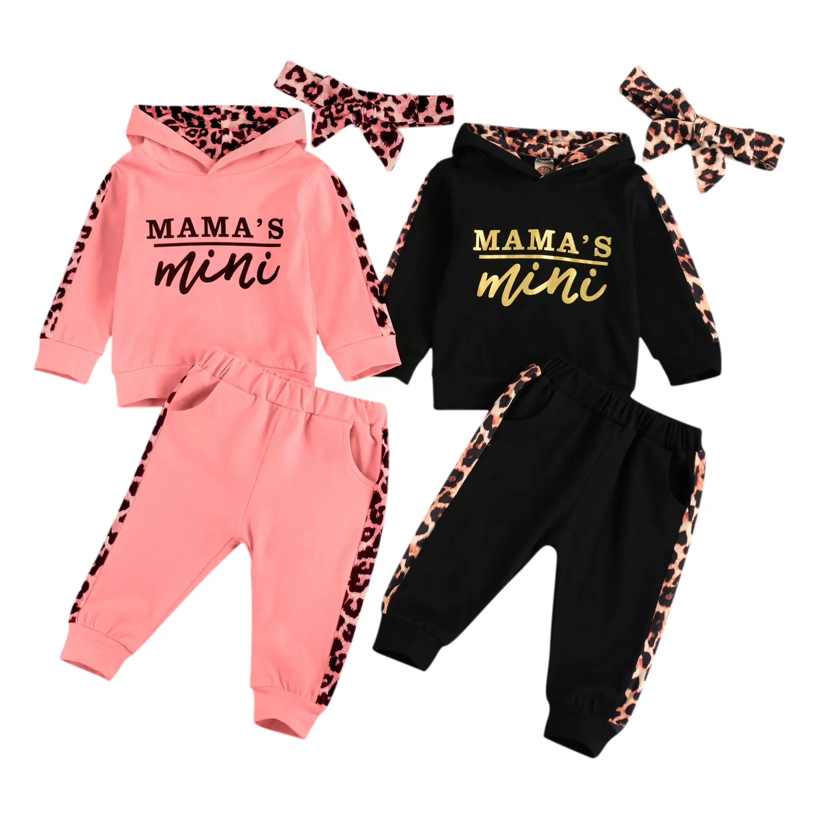 Baby Girl Long-sleeved Trousers Suit Letter Hooded T-shirt Leopard Stitching Long Pants Headband 3Pcs Clothes Spring Fall