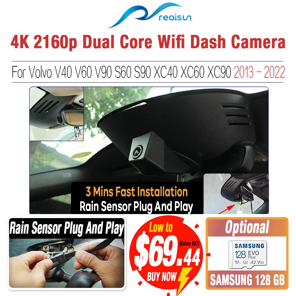 Realsun 4K 2160P Car DVR Dual Core Novatek 96670 Wifi Dash Camera Video Recorder For Volvo V40 V60 V90 S60 S90 XC40 XC60 XC90