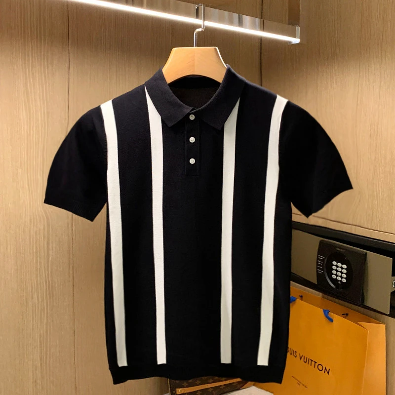

Men 2022 Summer Vintage Knitted Polo Shirt Men Stripe Print Patchwork Casual Tees Male Lapel Short Sleeve Slim Polo Shirt A92