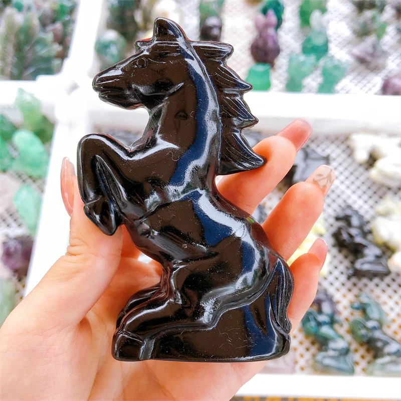 Натуральный черный обсидиан лошадь хрустальные ремесла милое животное модное