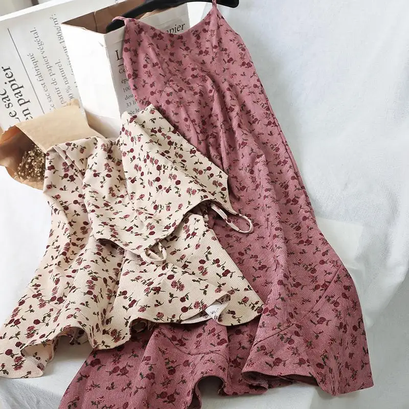 

Corduroy French Retro Floral Skirt Women's Autumn and Winter Korean Style V-neck Suspender Dress Medium Length Skirt