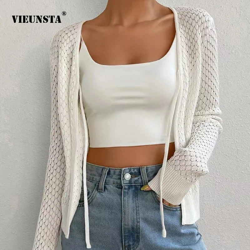 

2023 Fashion Personalized Womens Clothing Autumn High Quality Lace up Hollow out Long Sleeve Knitted Shirt Cardigan Coat Females