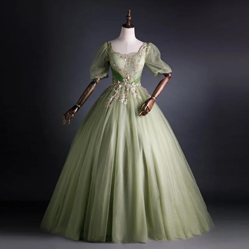 

Green Slim Evening Dress Square Collar Floral Beads Formal Banquet Gown Puff Sleeve Tulle Homecoming Party Vestido