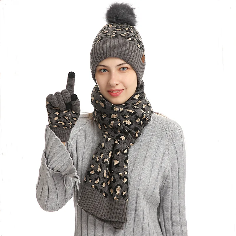 Three-piece Women's Glove Knitted Hats Scarf Gloves Set Hat PomPon Winter Warm Mitten Cap Beanie Sets Caps Fashion Soft Autumn