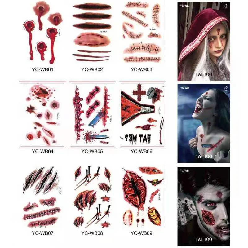 

Temporary Tattoos Halloween Day of the Dead Horror Scar Bloodstain Face Body Waterproof Fake Tattoos Adult Children Stickers